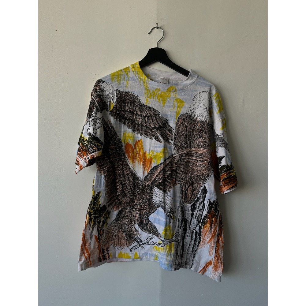 Vintage Bald Eagle Shirt‎ Mens Large All Over Graphic Nature Mountain 90s Tee